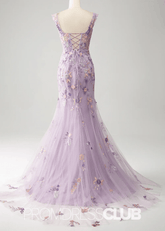 Jessica | Light Purple Floral Mermaid Embroidered Long Prom Dress - Light Purple Floral - PromDressClub